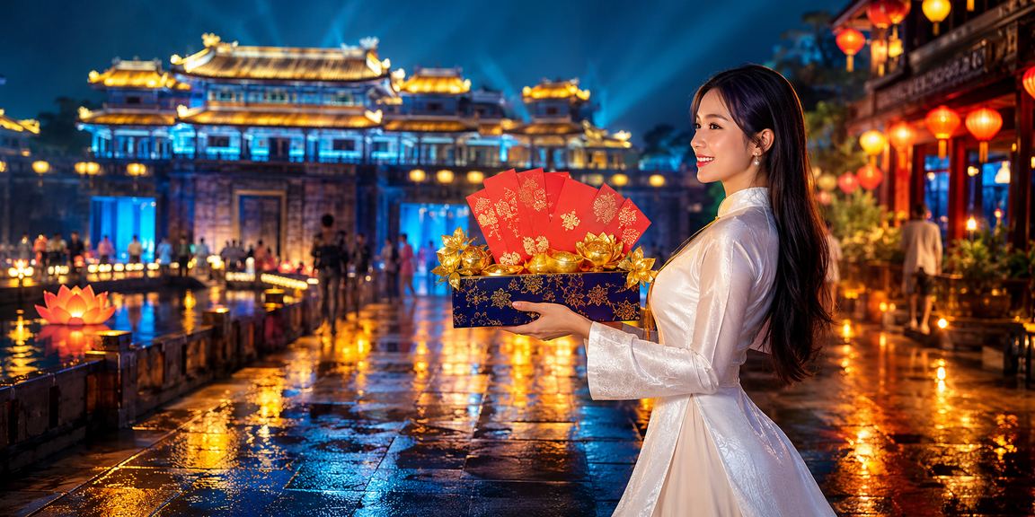 Khung cảnh lễ hội áo dài và phong bao lì xì ở Huế